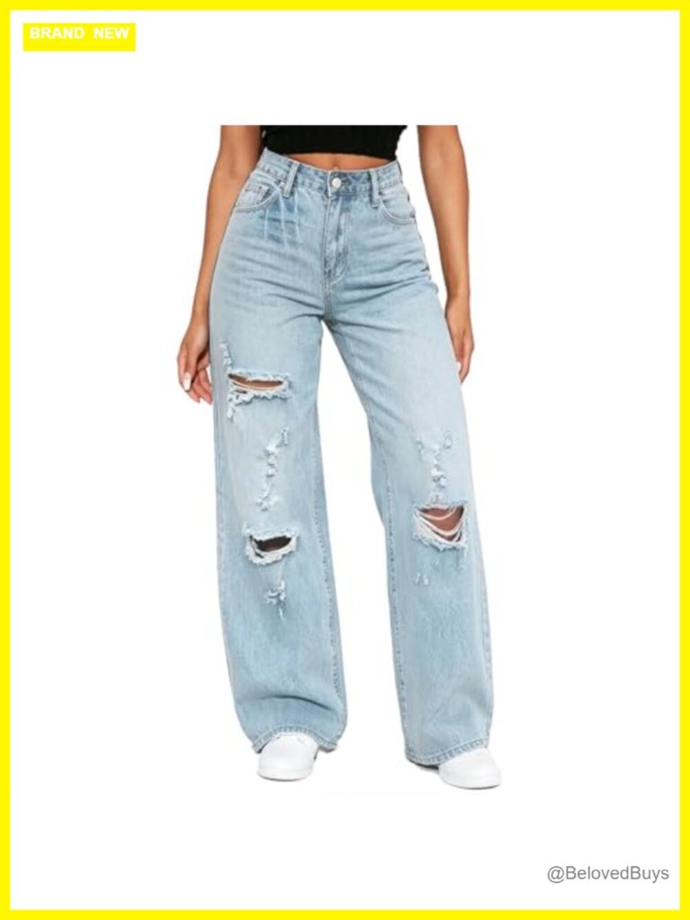 Wide Leg Distressed High Waisted Stretch Denim Jeans